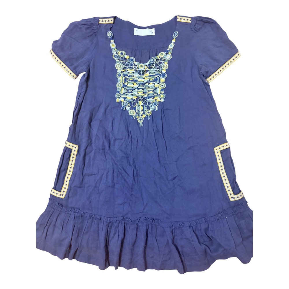 Velvet Embroidered Boho Dress Blue‎ Short Sleeve Ruffle Hem Size S Cottagecore